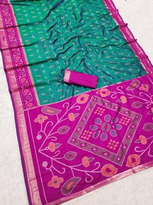 Sea green color pochampally silk blend ikkat design zari border sarees 5