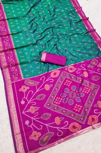 Sea green color pochampally silk blend ikkat design zari border sarees