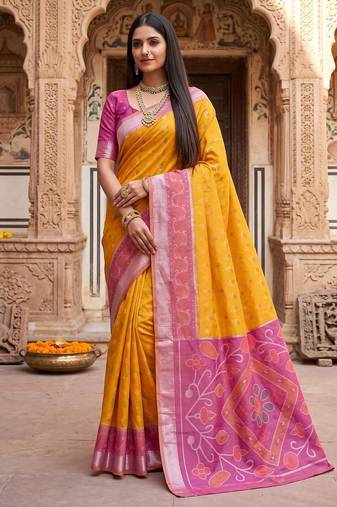Yellow color pochampally silk blend ikkat design zari border sarees