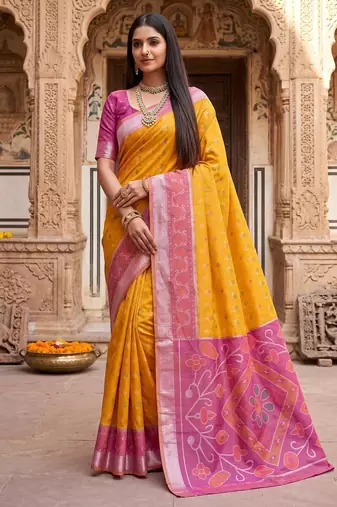 Yellow color pochampally silk blend ikkat design zari border sarees