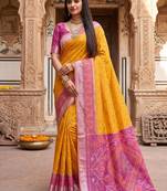 Yellow color pochampally silk blend ikkat design zari border sarees