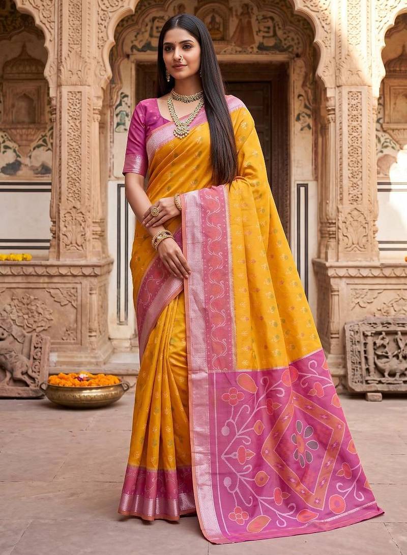 Yellow color pochampally silk blend ikkat design zari border sarees