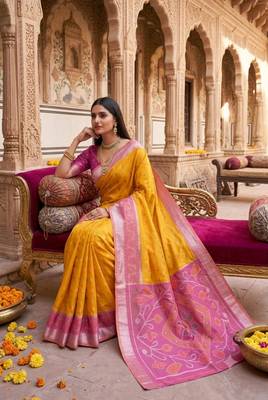 Yellow color pochampally silk blend ikkat design zari border sarees 2