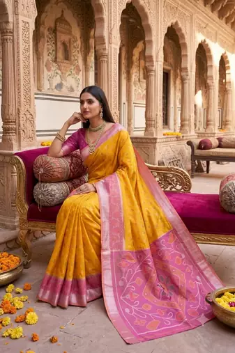 Yellow color pochampally silk blend ikkat design zari border sarees