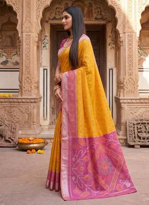 Yellow color pochampally silk blend ikkat design zari border sarees 3