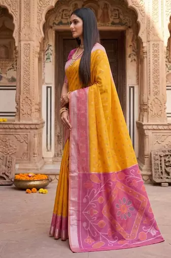 Yellow color pochampally silk blend ikkat design zari border sarees