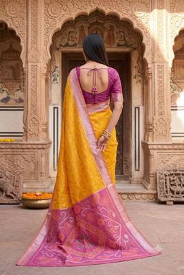 Yellow color pochampally silk blend ikkat design zari border sarees 4