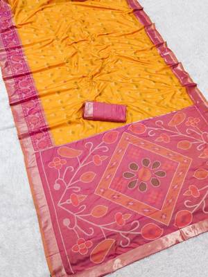 Yellow color pochampally silk blend ikkat design zari border sarees 5