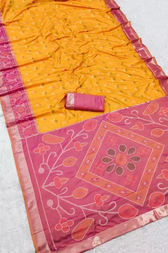 Yellow color pochampally silk blend ikkat design zari border sarees