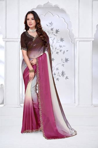 pink & coffee color fendy silk blend two tone shaded zircon work saree