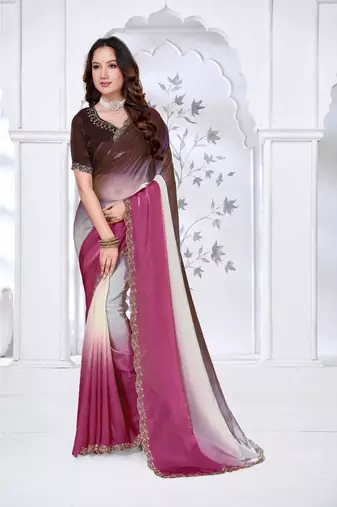 pink & coffee color fendy silk blend two tone shaded zircon work saree