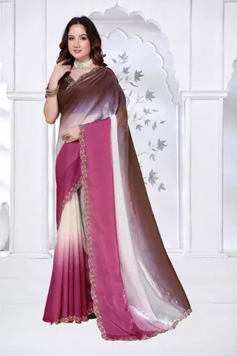 pink & coffee color fendy silk blend two tone shaded zircon work saree