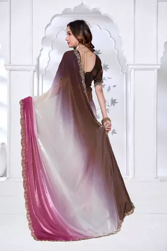 pink & coffee color fendy silk blend two tone shaded zircon work saree