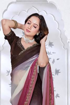 pink & coffee color fendy silk blend two tone shaded zircon work saree 4