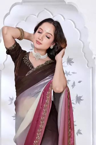 pink & coffee color fendy silk blend two tone shaded zircon work saree