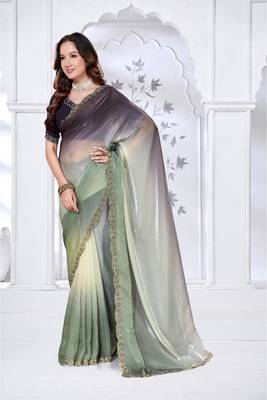 pista & black color fendy silk blend two tone shaded zircon work saree 1
