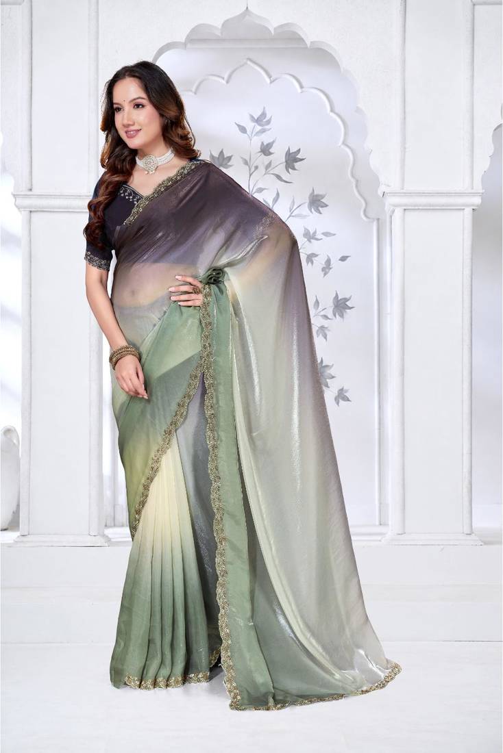 pista & black color fendy silk blend two tone shaded zircon work saree