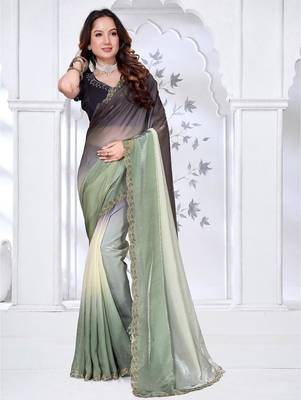 pista & black color fendy silk blend two tone shaded zircon work saree 2