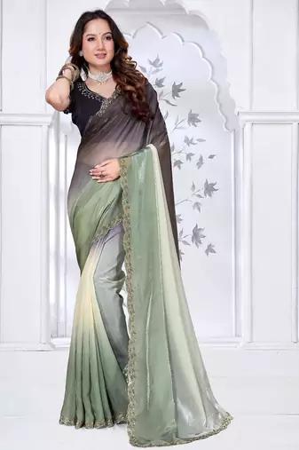pista & black color fendy silk blend two tone shaded zircon work saree