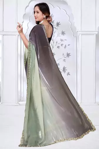 pista & black color fendy silk blend two tone shaded zircon work saree