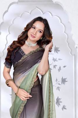 pista & black color fendy silk blend two tone shaded zircon work saree 4