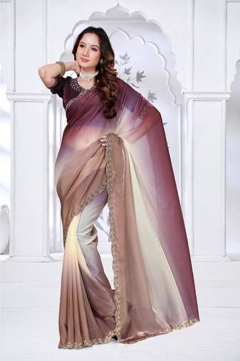 brown & wine color fendy silk blend two tone shaded zircon work saree