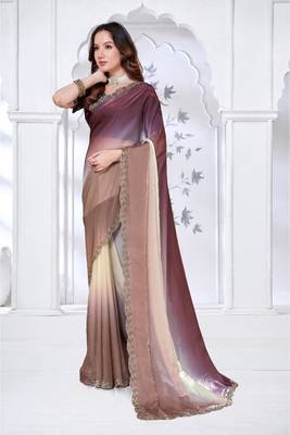 brown & wine color fendy silk blend two tone shaded zircon work saree 2