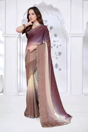 brown & wine color fendy silk blend two tone shaded zircon work saree