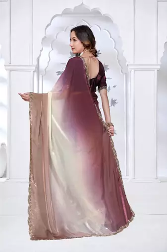 brown & wine color fendy silk blend two tone shaded zircon work saree