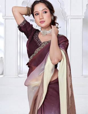 brown & wine color fendy silk blend two tone shaded zircon work saree 4