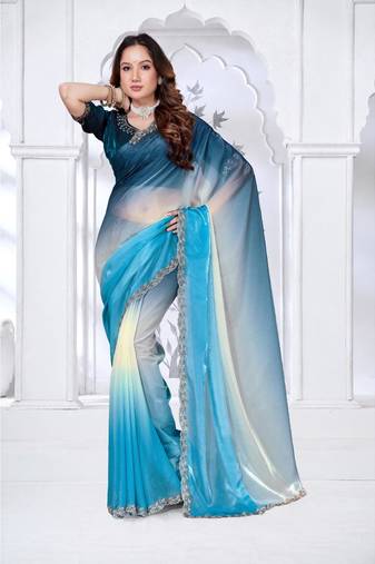 sky & morpeach color fendy silk blend two tone shaded zircon work saree