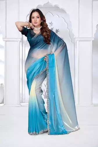 sky & morpeach color fendy silk blend two tone shaded zircon work saree