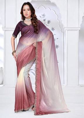 brown & wine color fendy silk blend two tone shaded zircon work saree 1
