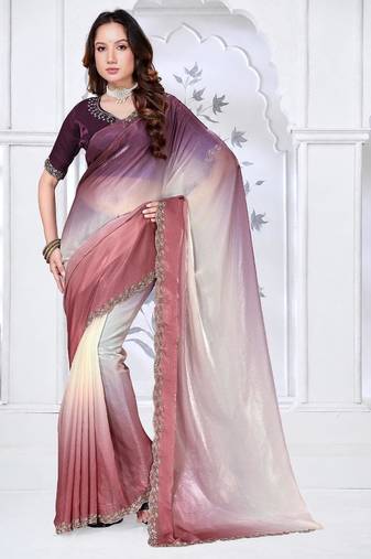 brown & wine color fendy silk blend two tone shaded zircon work saree