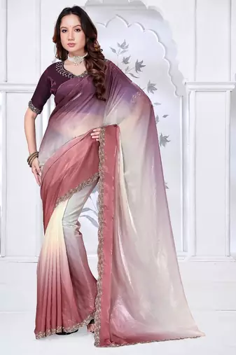 brown & wine color fendy silk blend two tone shaded zircon work saree