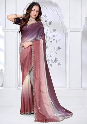 brown & wine color fendy silk blend two tone shaded zircon work saree 2