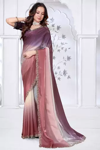 brown & wine color fendy silk blend two tone shaded zircon work saree