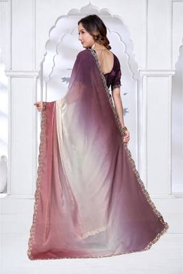 brown & wine color fendy silk blend two tone shaded zircon work saree 3