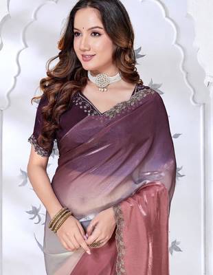 brown & wine color fendy silk blend two tone shaded zircon work saree 4
