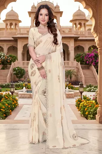 off-white color fendy silk blend foil print with zircon work saree