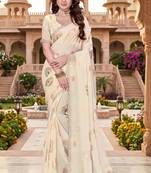 off-white color fendy silk blend foil print with zircon work saree
