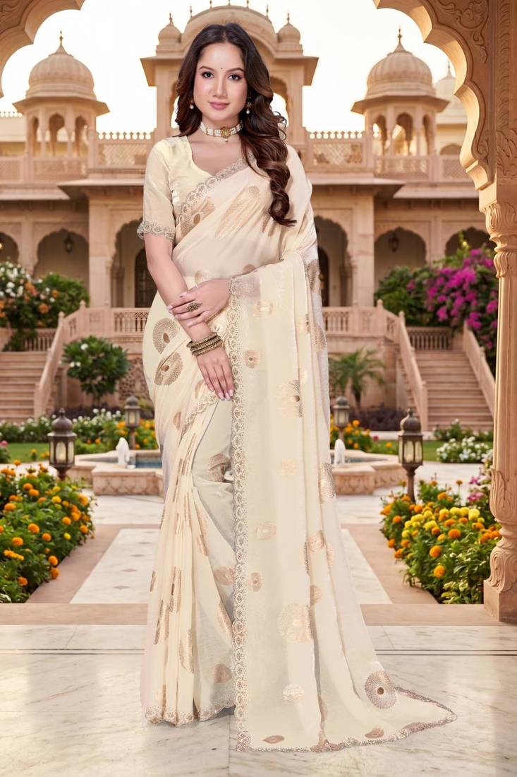 off-white color fendy silk blend foil print with zircon work saree