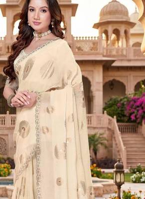 off-white color fendy silk blend foil print with zircon work saree 2