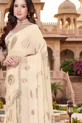 off-white color fendy silk blend foil print with zircon work saree