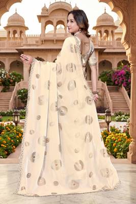 off-white color fendy silk blend foil print with zircon work saree 3