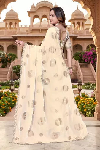 off-white color fendy silk blend foil print with zircon work saree