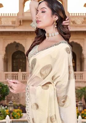 off-white color fendy silk blend foil print with zircon work saree 4