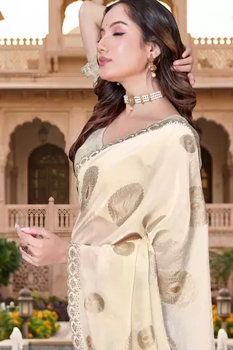 off-white color fendy silk blend foil print with zircon work saree
