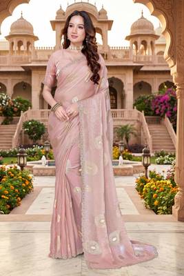 dusty peach color fendy silk blend foil print with zircon work saree 1