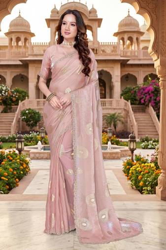 dusty peach color fendy silk blend foil print with zircon work saree